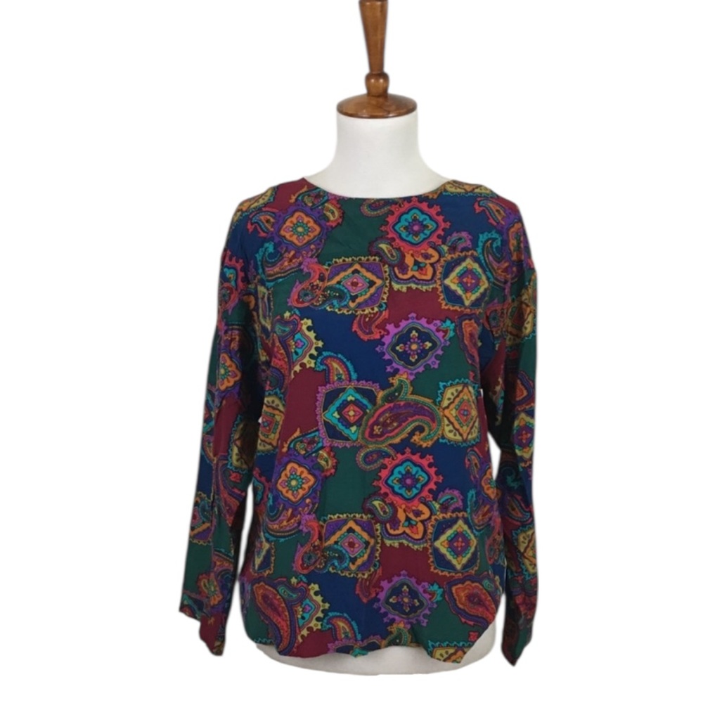 Vintage Paisley Blouse Women’s S Crew Neck Long Sleeve Boho Preppy Casual